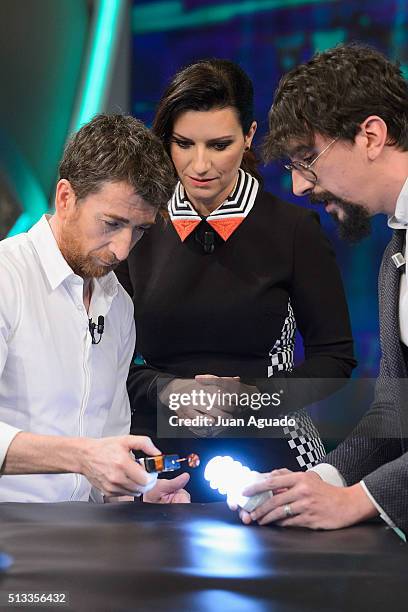 Host Pablo Motos, Laura Pausini and Marron attend 'El Hormiguero' TV Show at Vertice Studios on March 2, 2016 in Madrid, Spain.