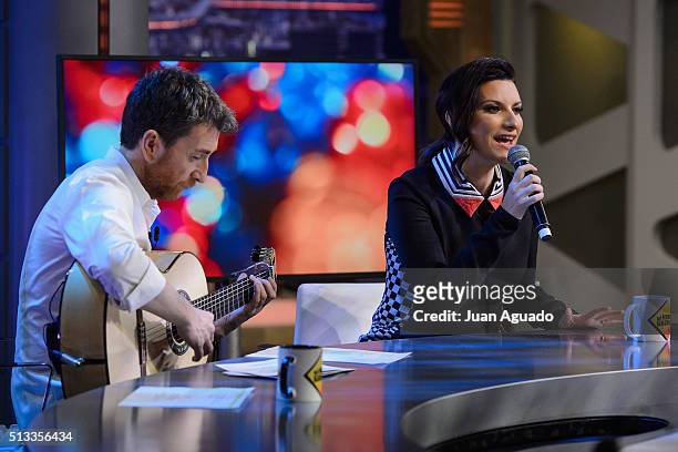 Host Pablo Motos and Laura Pausini attend 'El Hormiguero' TV Show at Vertice Studios on March 2, 2016 in Madrid, Spain.