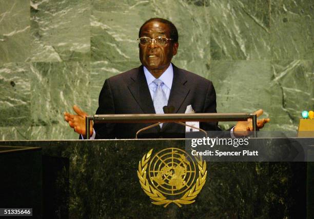 President of Zimbabwe Robert G. Mugabe addresses the United Nations General Assembly September 22, 2004 in New York City. Dignitaries from around the...