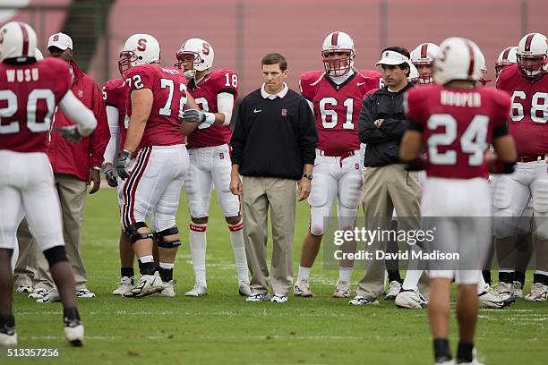 Buddy Teevens, Head Coach of the Stanford Cardinal, watches warm ups prior to an NCAA Pac-12 football game against the University of Oregon Ducks...