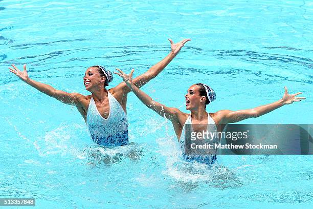 Ona Carbonell and Gemma Mengual of Spain compete in the Duets Technical Routine - First Round during the FINA Olympic Games Synchronised Swimming...
