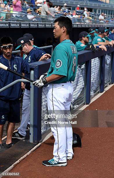 Norichika Aoki of the Seattle Mariners prepares for a game against the San Diego Padres at Peoria Stadium on March 2, 2016 in Peoria, Arizona....