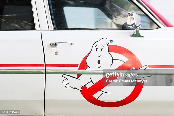 Detail shot of the ECTO-1 vehicle parked outside Ghost Corps headquarters at the 'Ghostbusters' Fan Event Photo Call at Sony Pictures Studios on...