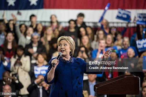 Democratic Presidential Candidate Hillary Clinton speaks to supporters during a rally at the Javits Center following Super Tuesday on March 2, 2016...