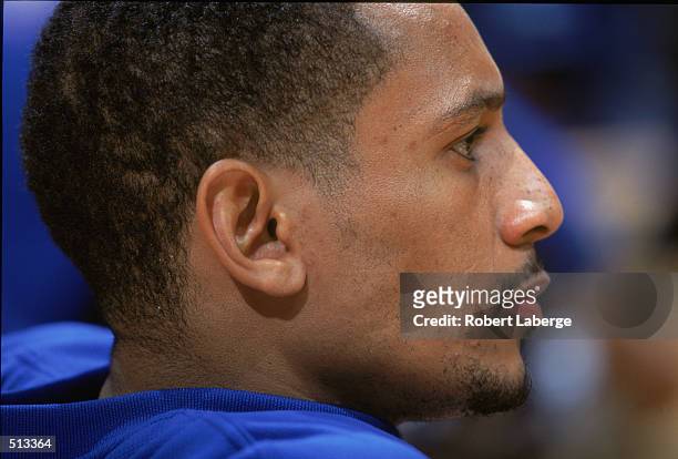Howard Eisley of the New York Knicks looks on during the game against the Los Angeles Clippers at the STAPLES Center in Los Angeles, California. The...