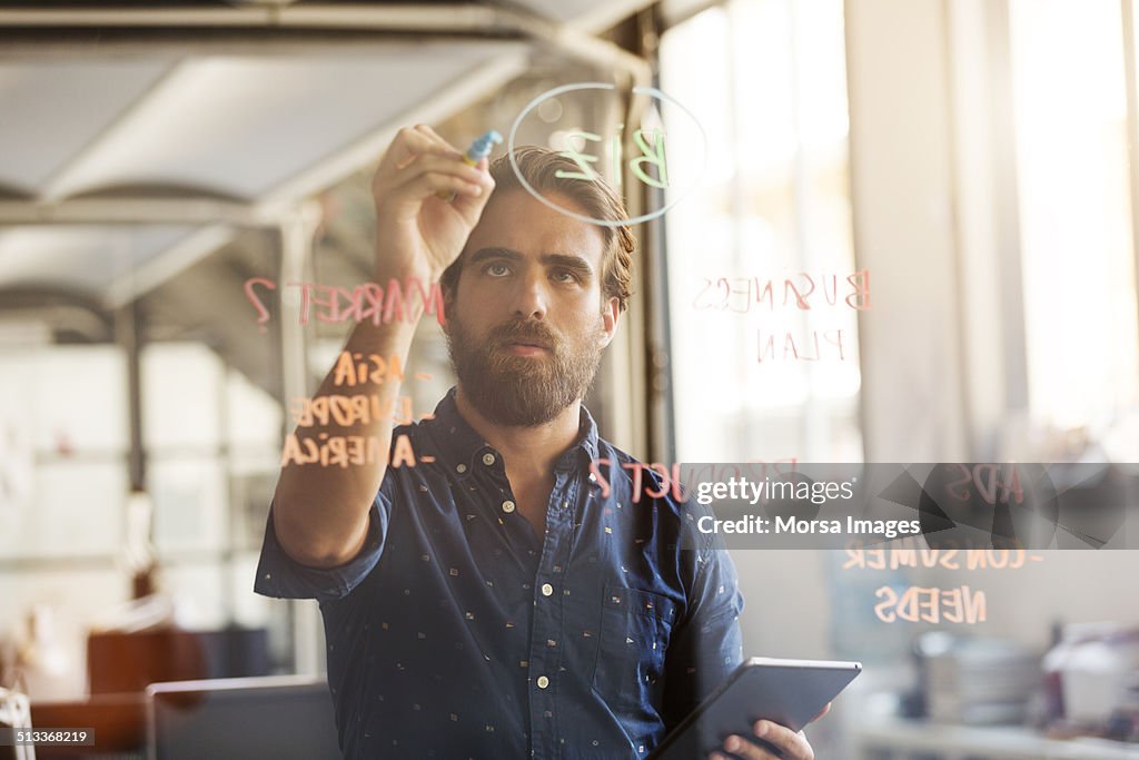 Businessman preparing plan on glass wall