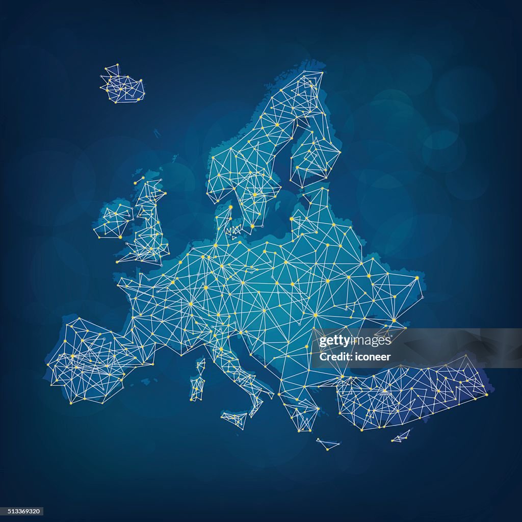 European Network Map Europe Map With Network Connections On Blue Background High-Res Vector ...