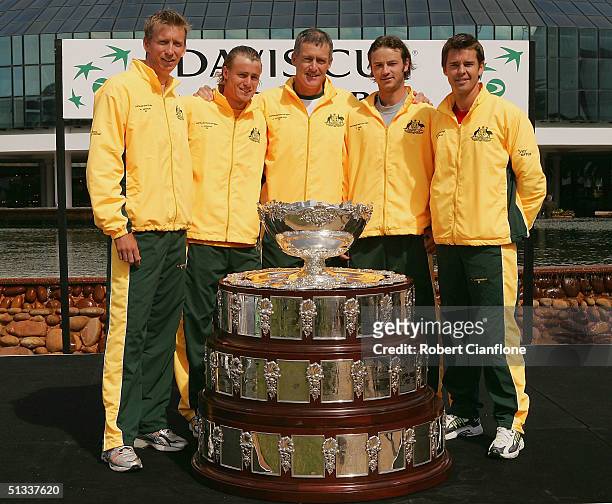 The Australian Davis Cup Team consisting of Wayne Arthurs, Lleyton Hewitt, captain John Fitzgerald, Todd Reid and Todd Woodbridge, pose with the...
