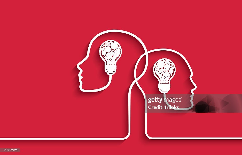 Human heads with light bulbs and gears on red background