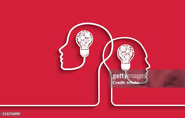 human heads with light bulbs and gears on red background - human head stock illustrations
