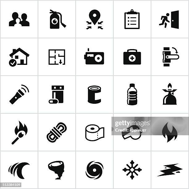 ilustraciones, imágenes clip art, dibujos animados e iconos de stock de preparación de iconos negro de emergencia - home disaster