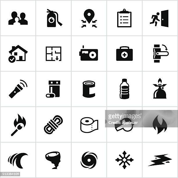 illustrazioni stock, clip art, cartoni animati e icone di tendenza di icone nero preparazione all'emergenza - evacuation