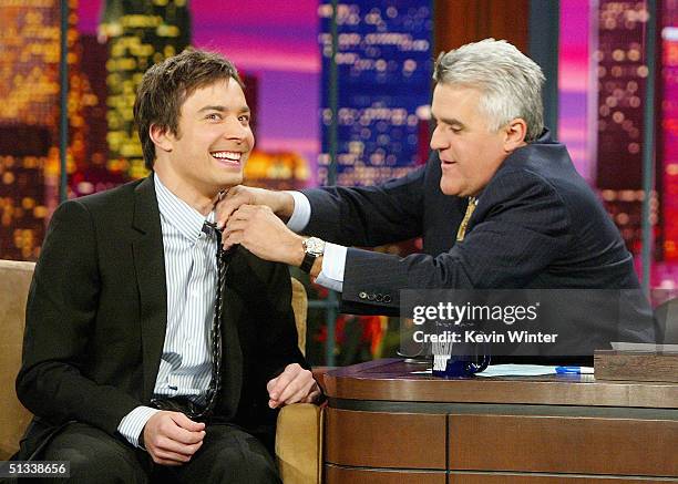 Comedian Jimmy Fallon appears on "The Tonight Show with Jay Leno" at the NBC Studios on September 22, 2004 in Burbank, California.