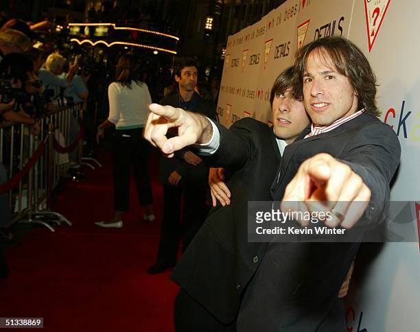 Actor Jason Schwartzman and director David O. Russell joke around at the premiere of Fox Searchlights' "I Heart Huckabees" at The Grove on September...