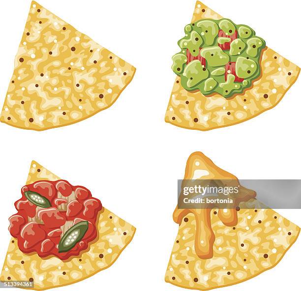 ilustraciones, imágenes clip art, dibujos animados e iconos de stock de nacho maíz con ingredientes de iconos - cheddar cheese