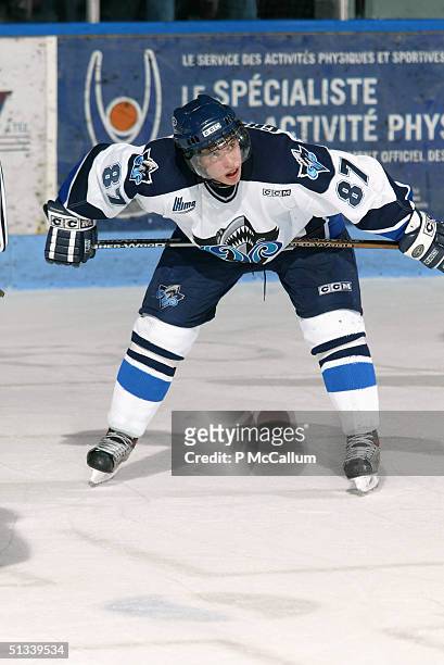 Sidney Crosby of the Rimouski Oceanic waits to take the face off against Gatineau Olympiques at the Robert Guertin Arena in Gatineau, Quebec, Canada...