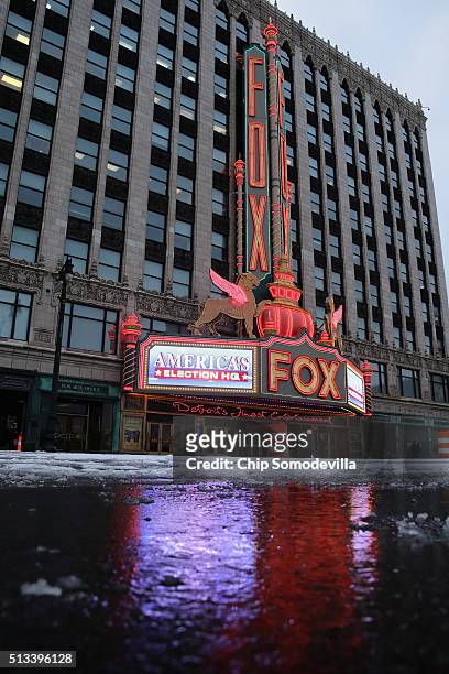 The electronic screen on the Fox Theater marquee advertises the upcoming Republican presidential debate March 2, 2016 in Detroit, Michigan. Built in...