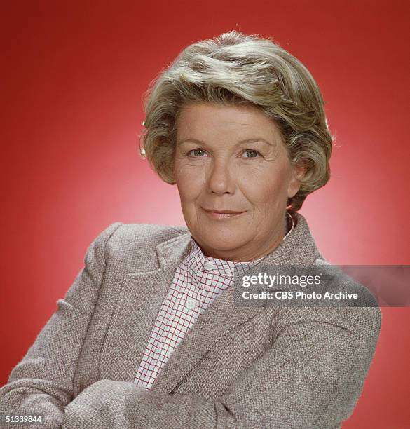 Promotional still from the American television series 'Dallas' shows Barbara Bel Geddes , dressed in a jacket over a collarless shirt, 1979.