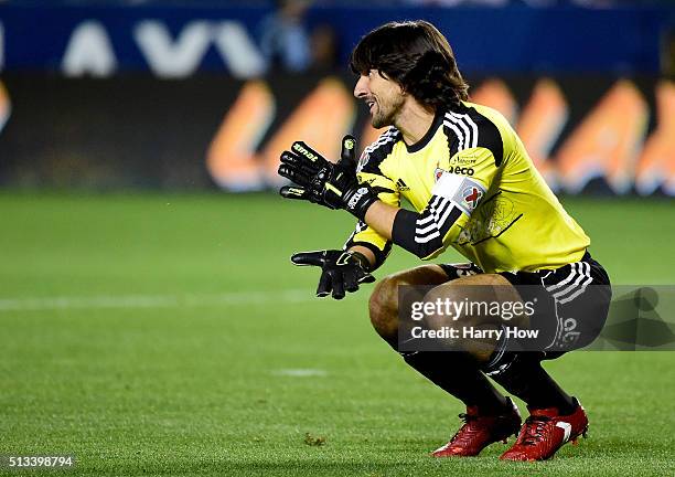 Federico Vilar of Club Tijuana reacts after a collision with Gyasi Zardes of Los Angeles Galaxy during the second half at StubHub Center on February...