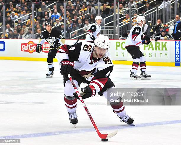 Tobias Rieder of the Arizona Coyotes skates with the puck against the Pittsburgh Penguins at Consol Energy Center on February 29, 2016 in Pittsburgh,...