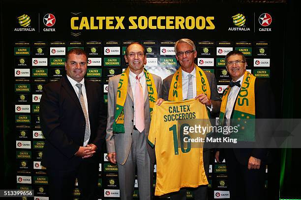 Socceroos coach Ange Postecoglou, Managing Director and CEO Caltex Australia Julian Segal, FFA CEO David Gallop and Caltex Australia Executive...