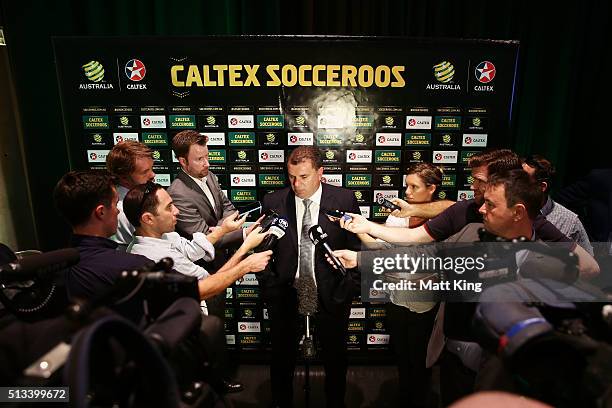 Socceroos coach Ange Postecoglou speaks to the media during a Socceroos Caltex sponsorship announcement naming Caltex as the new Socceroos major...