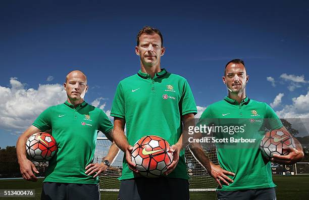 Caltex Socceroos players Aaron Mooy, Alex Wilkinson and Ivan Franjic pose during a Socceroos sponsorship announcement at Melbourne City Training...