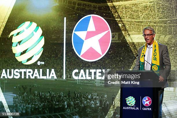 David Gallop speaks during a Socceroos Caltex sponsorship announcement naming Caltex as the new Socceroos major sponsor at Carriageworks on March 3,...