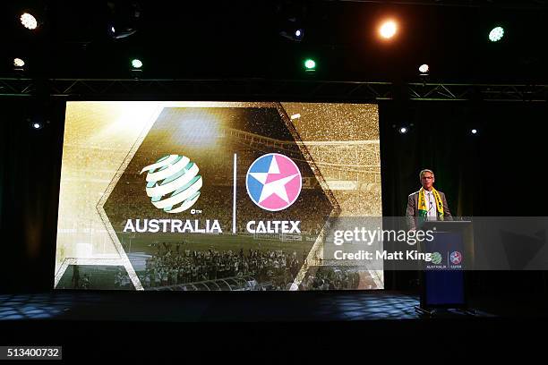 David Gallop speaks during a Socceroos Caltex sponsorship announcement naming Caltex as the new Socceroos major sponsor at Carriageworks on March 3,...