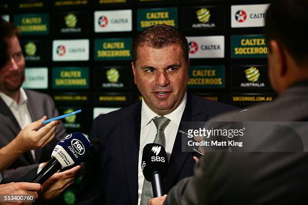 Socceroos coach Ange Postecoglou speaks to the media during a Socceroos Caltex sponsorship announcement naming Caltex as the new Socceroos major...