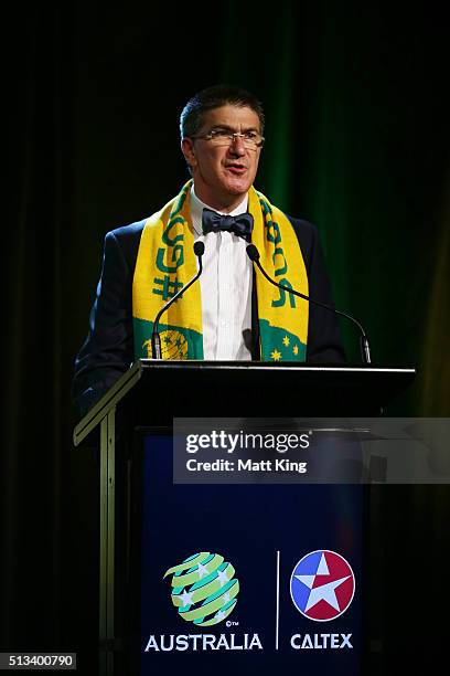 Caltex Australia Executive General Manager Commercial Bruce Rosengarten speaks during a Socceroos Caltex sponsorship announcement naming Caltex as...