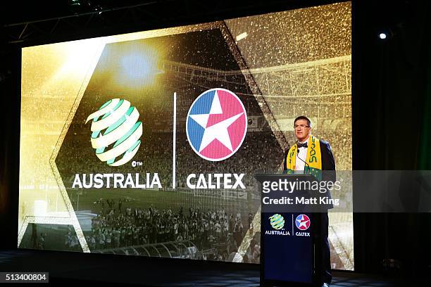Caltex Australia Executive General Manager Commercial Bruce Rosengarten speaks during a Socceroos Caltex sponsorship announcement naming Caltex as...