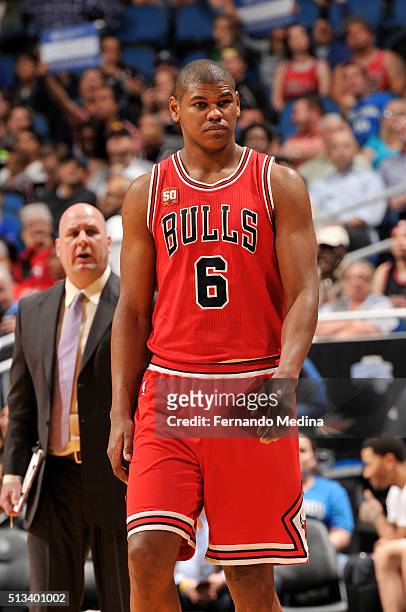 Cristiano Felicio of the Chicago Bulls stands on the court during the game against the Orlando Magic on March 2, 2016 at Amway Center in Orlando,...