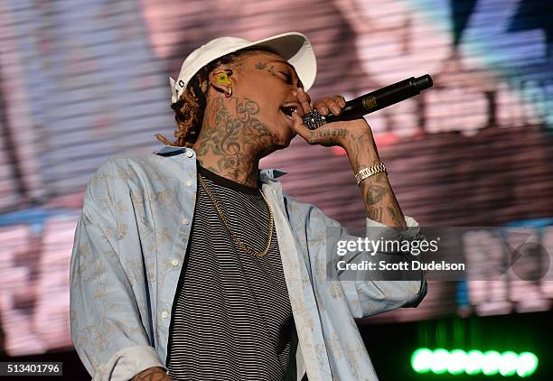 Rapper Wiz Khalifa performs onstage at The Forum on February 28, 2016 in Inglewood, California.