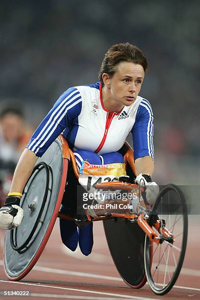 Tanni Grey-Thompson of Great Britain wins T53 at the Athens 2004 Paralympic Games at the Olympic Stadium in Athens, Greece.