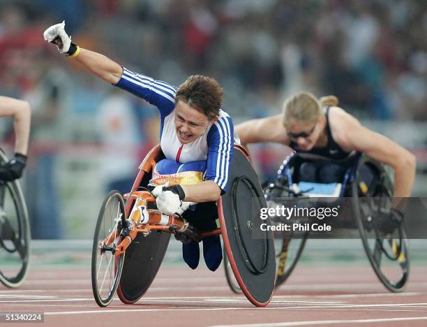 Tanni Grey-Thompson of Great Britain wins T53 at the Athens 2004 Paralympic Games at the Olympic Stadium in Athens, Greece.