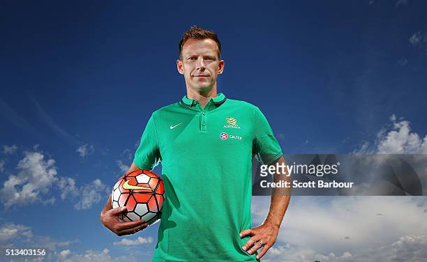 Caltex Socceroos player Alex Wilkinson poses during a Socceroos sponsorship announcement at Melbourne City Training Facility on March 3, 2016 in...