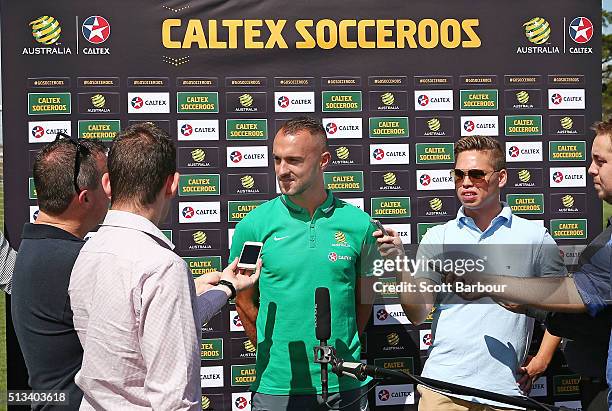 Caltex Socceroos players Ivan Franjic speaks to the media during a Socceroos sponsorship announcement at Melbourne City Training Facility on March 3,...