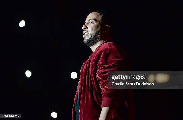 Rapper French Montana performs onstage at The Forum on February 28, 2016 in Inglewood, California.