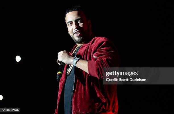 Rapper French Montana performs onstage at The Forum on February 28, 2016 in Inglewood, California.