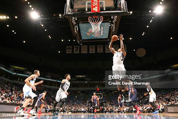 Greg Smith of the Minnesota Timberwolves grabs the rebound against the Washington Wizards on March 2, 2016 at Target Center in Minneapolis,...