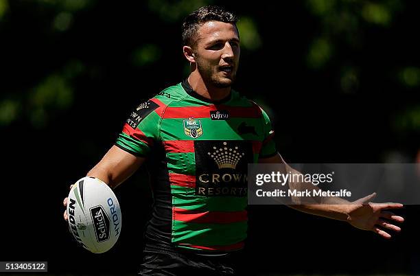 Sam Burgess stretches during a South Sydney Rabbitohs NRL training session at Redfern Oval on March 3, 2016 in Sydney, Australia.