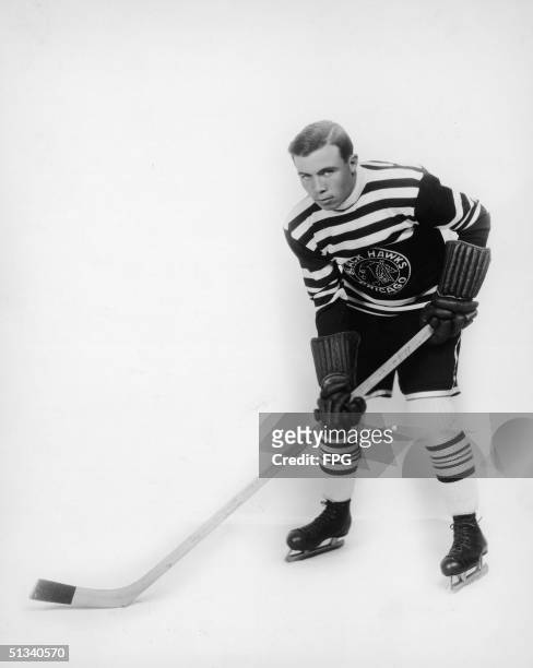 Portrait of Canadian-born ice hockey player Harold "Mush" March in a Chicago Blackhawks uniform, 1930s.