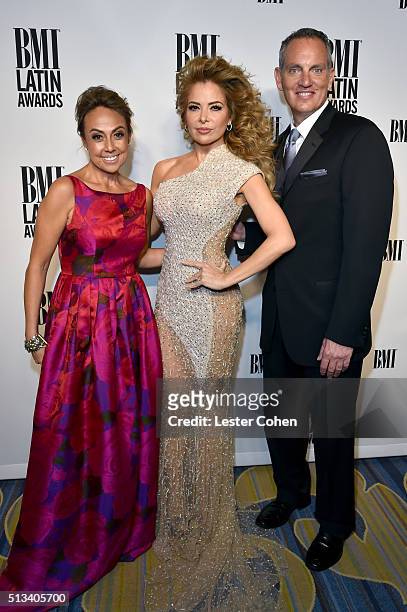 Vice President, Writer/Publisher Relations, Latin Music Delia Orjuela; honoree Gloria Trevi with the 2016 BMI President's Award; and BMI President &...