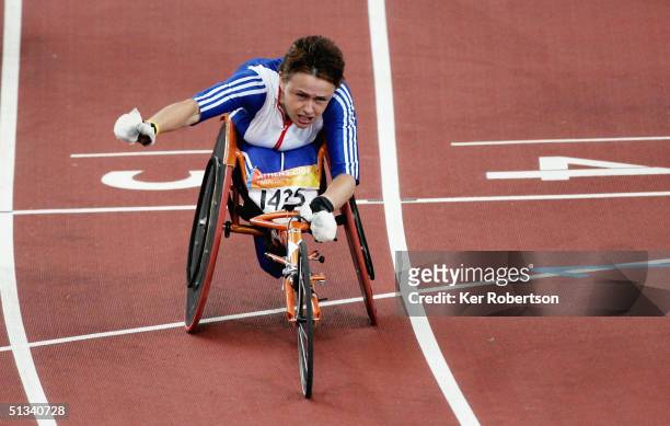 Tanni Grey-Thompson of Great Britain wins the Womens 100m T-53 Final, on September 23 during the Athens 2004 Paralympic Games at the Olympic Stadium...