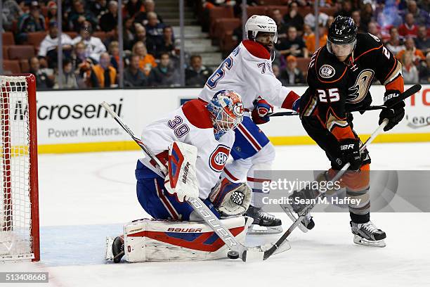 Subban and Mike Condon of the Montreal Canadiens defend against the shot of Mike Santorelli of the Anaheim Ducks during the first period of a game at...