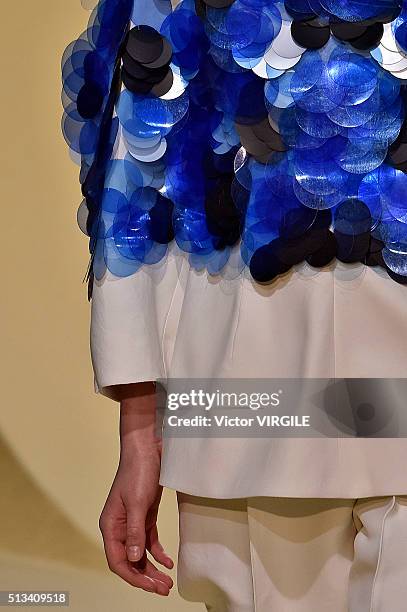 Model walks the runway at the Marni fashion show during Milan Fashion Week Fall/Winter 2016/2017 on February 28, 2016 in Milan, Italy.