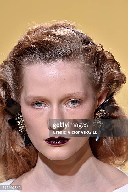 Model walks the runway at the Marni fashion show during Milan Fashion Week Fall/Winter 2016/2017 on February 28, 2016 in Milan, Italy.