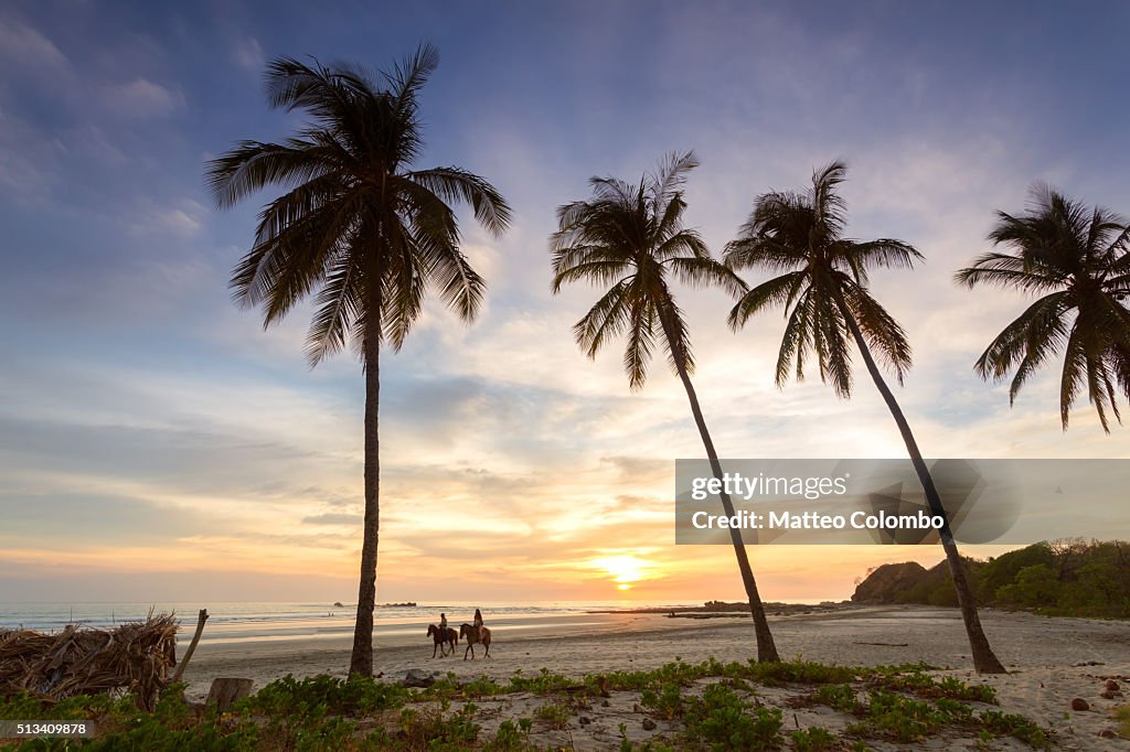 Tourists horse riding on a tropical beach at sunset, Costa Rica