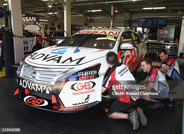 The Nissan Motorsport Nissan is prepared ahead of the V8 Supercars Clipsal 500 at Adelaide Street Circuit on March 3, 2016 in Adelaide, Australia.